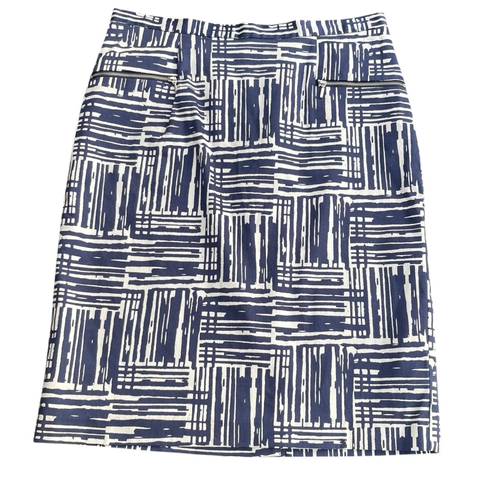 New Linea Domani Navy/White Cotton Zip Pocket Knee Length Pencil Skirt (10)